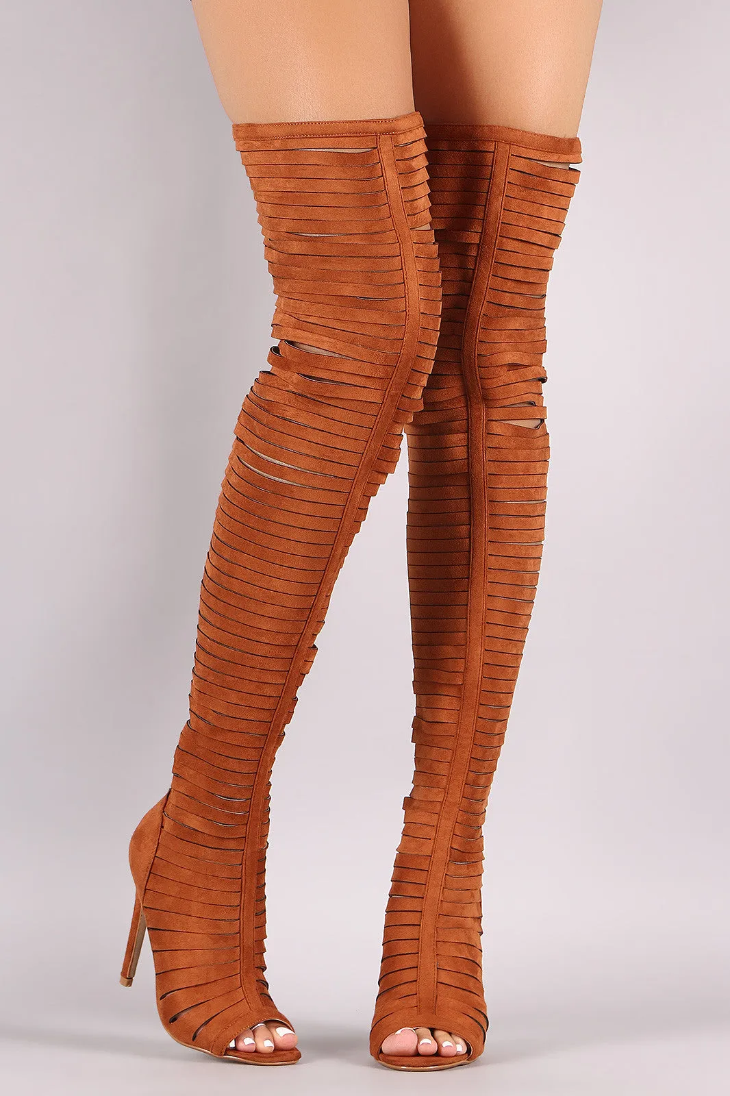 Strappy Peep Toe Stiletto Over The Knee Boots