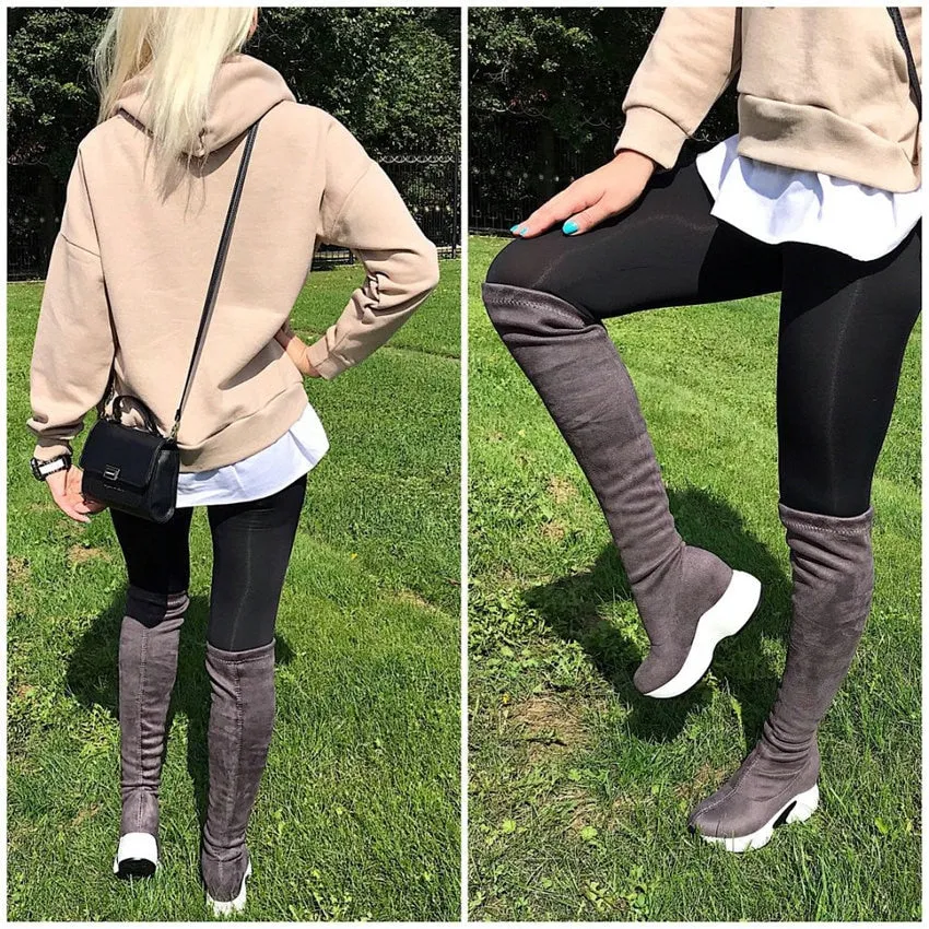 Stretch Fabrics Over The Knee Boots | Height Increasing Round Toe Women Shoes | Autumn Winter Casual Long Boots | Durable Premium Quality