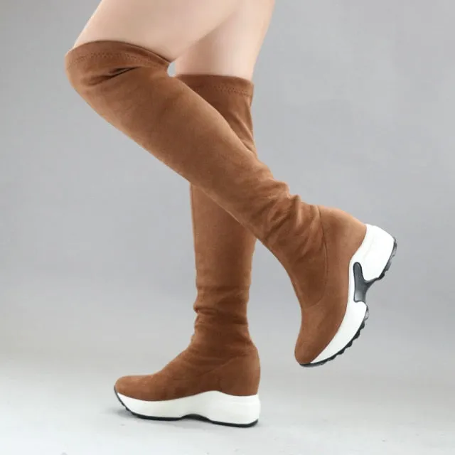 Stretch Fabrics Over The Knee Boots | Height Increasing Round Toe Women Shoes | Autumn Winter Casual Long Boots | Durable Premium Quality