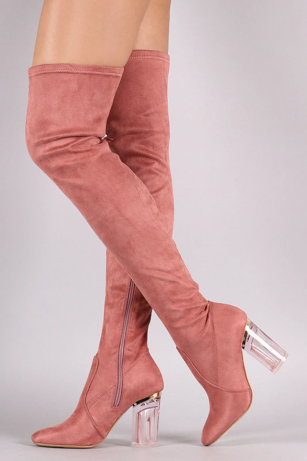 Suede Chunky Lucite Heeled Over-The-Knee Boots