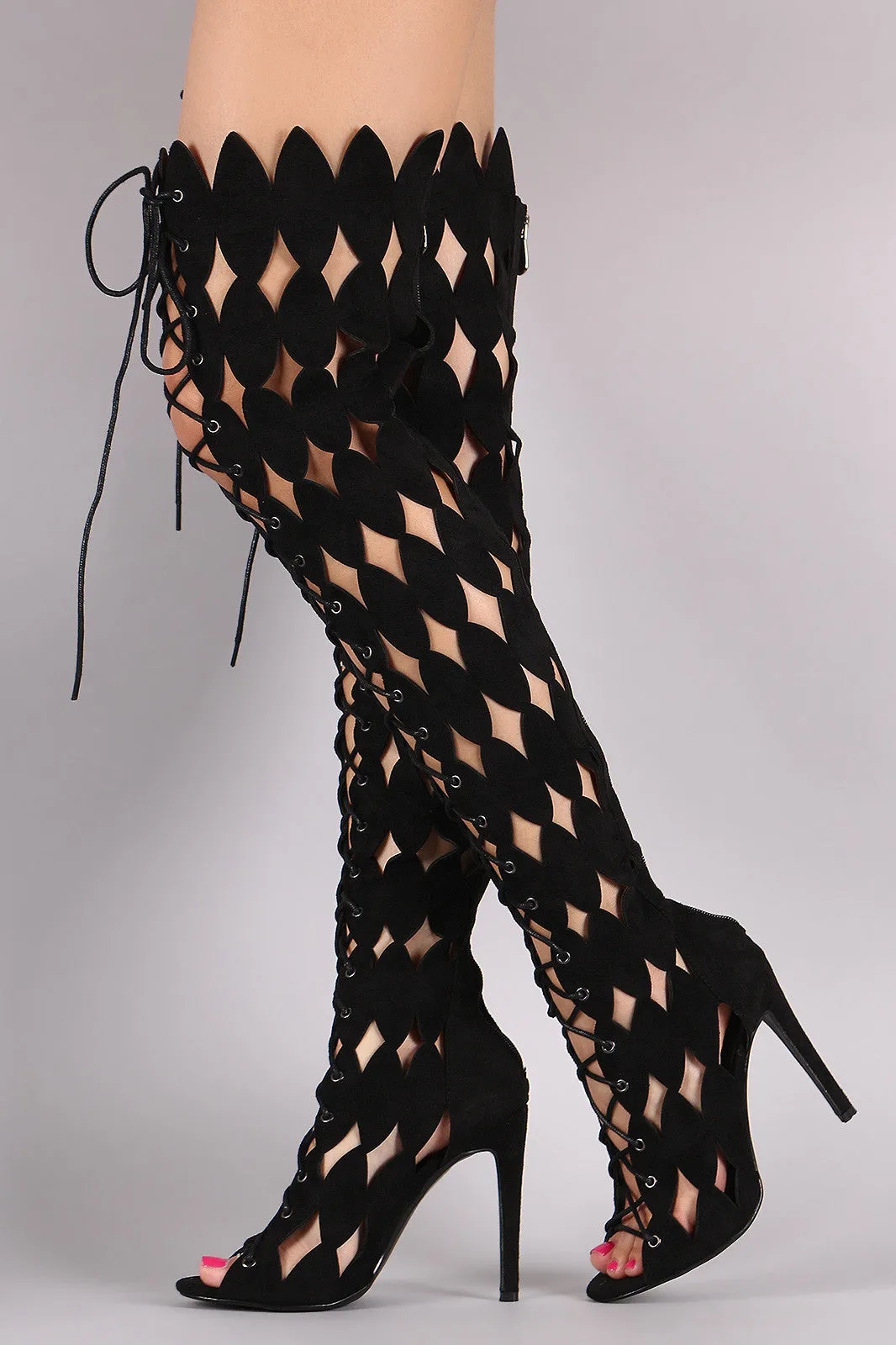 Suede Geometric Cutout Over-The-Knee Boots