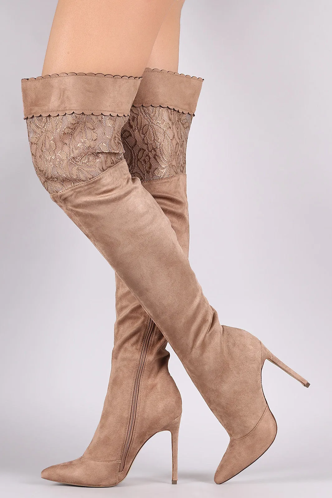 Suede Scalloped Lace Panel Pointy Toe Stiletto Boots