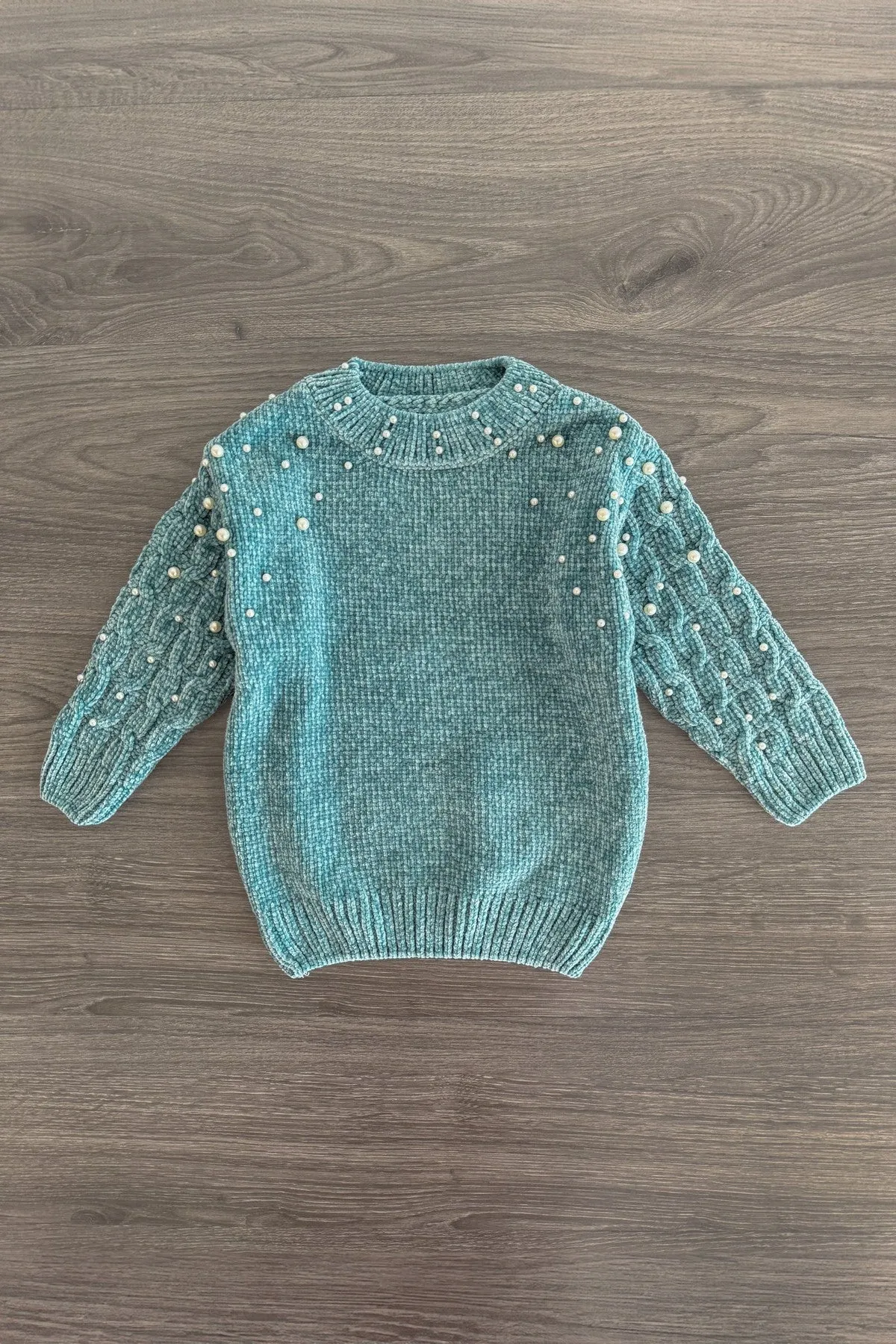 Teal Pearl Sweater Checkered Bell Bottom Set