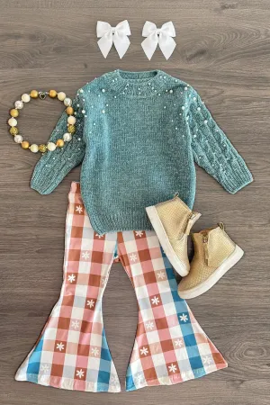 Teal Pearl Sweater Checkered Bell Bottom Set