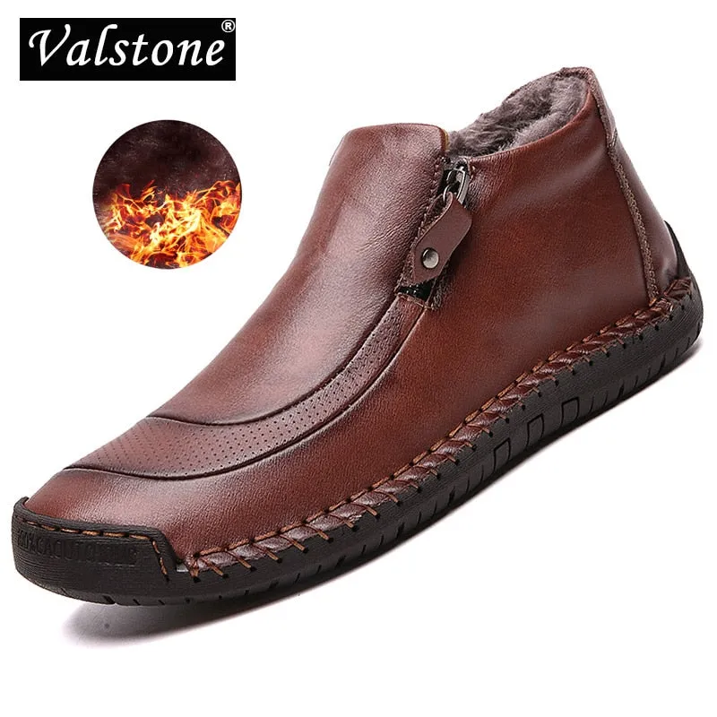 winter Men Casual Leather shoes Plush warm zipper Mid-top boots