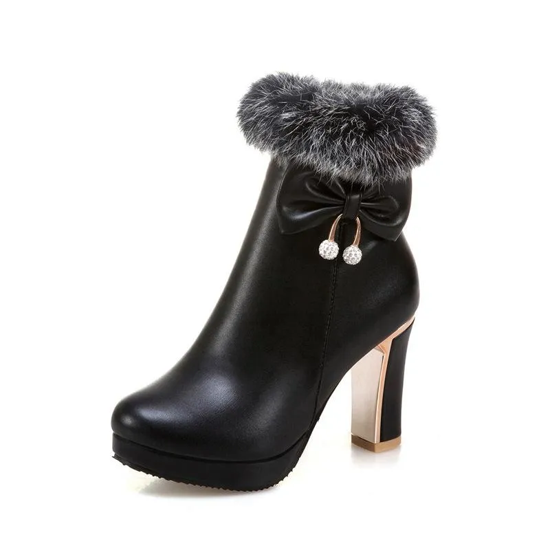 Women bowknot chunky high heel platform faux fur ankle boots