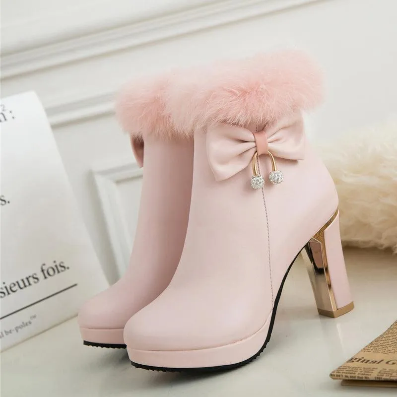 Women bowknot chunky high heel platform faux fur ankle boots