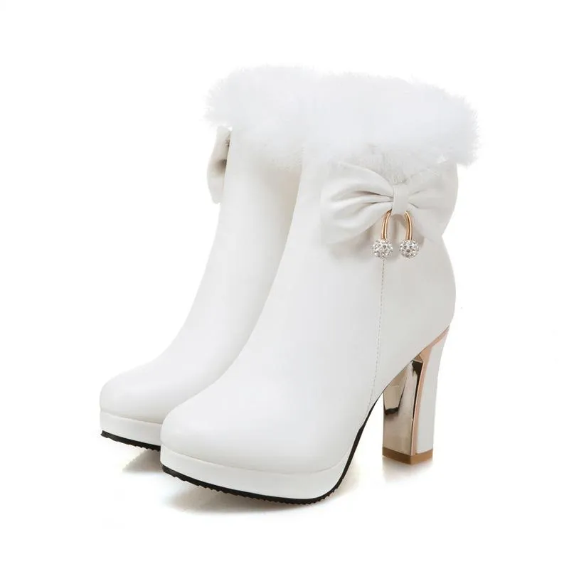 Women bowknot chunky high heel platform faux fur ankle boots