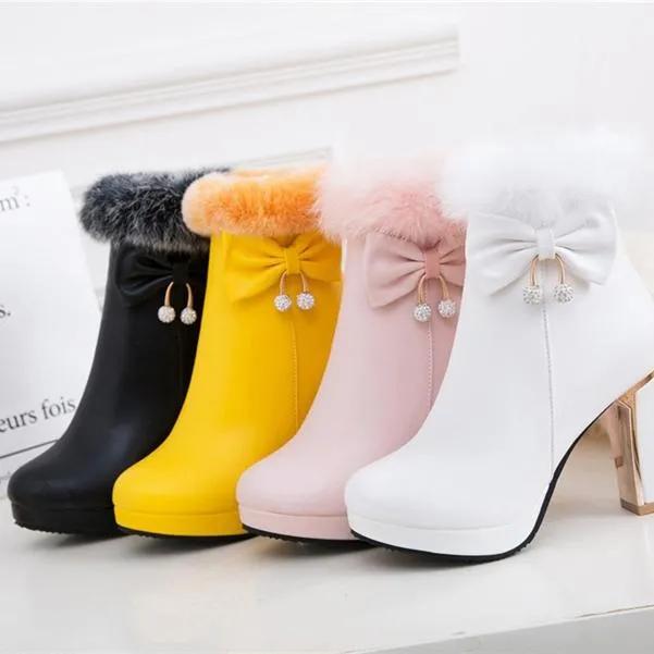 Women bowknot chunky high heel platform faux fur ankle boots