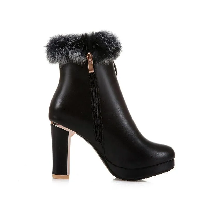 Women bowknot chunky high heel platform faux fur ankle boots