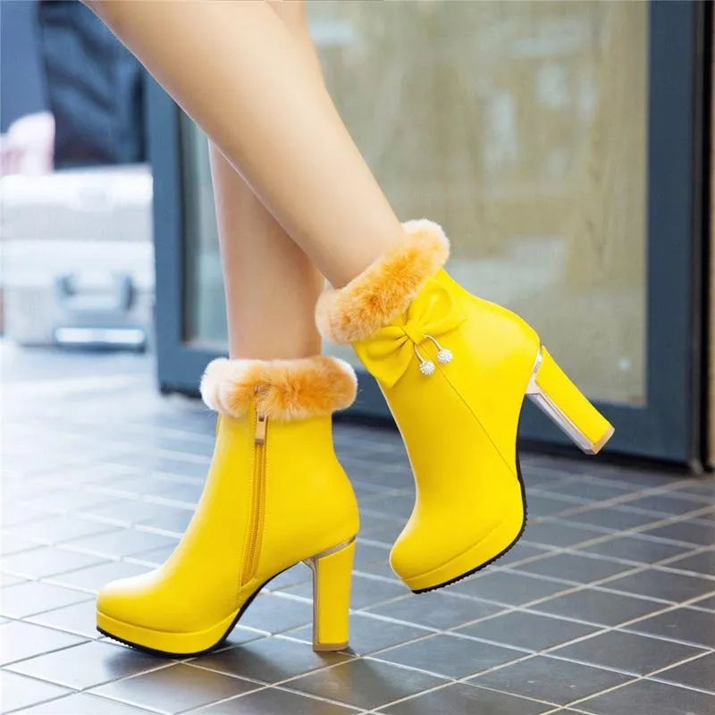 Women bowknot chunky high heel platform faux fur ankle boots