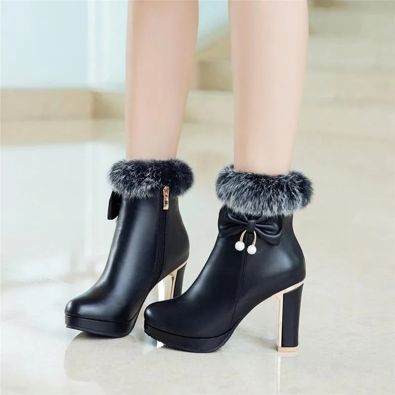 Women bowknot chunky high heel platform faux fur ankle boots