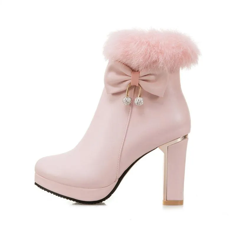 Women bowknot chunky high heel platform faux fur ankle boots