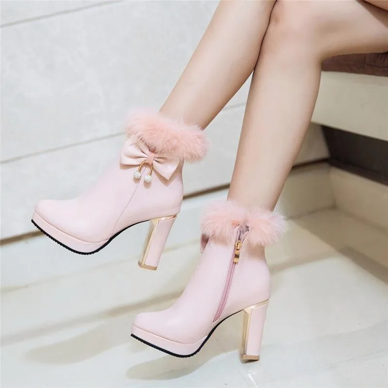 Women bowknot chunky high heel platform faux fur ankle boots