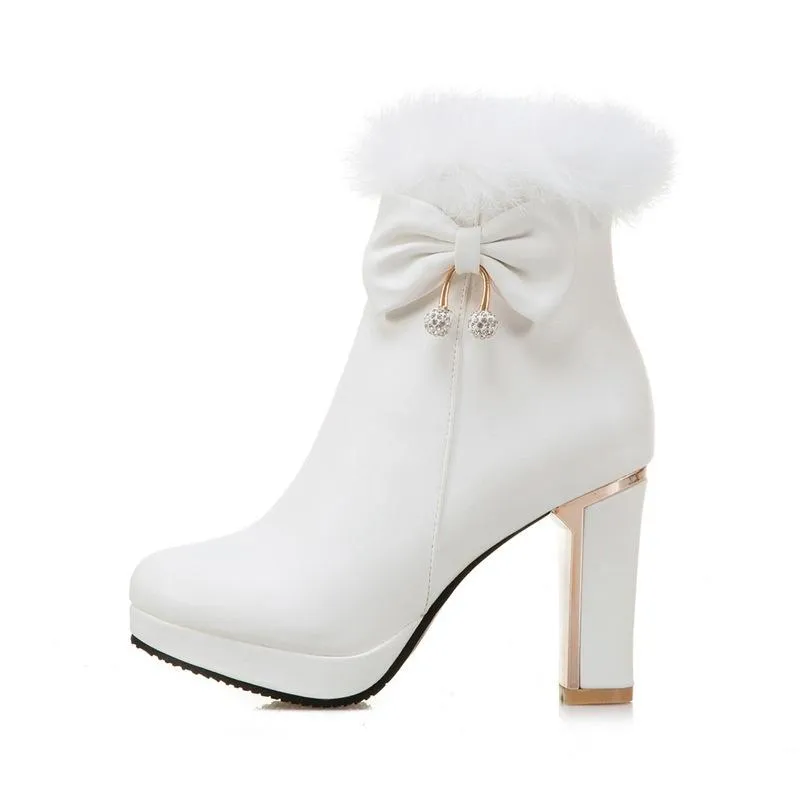 Women bowknot chunky high heel platform faux fur ankle boots