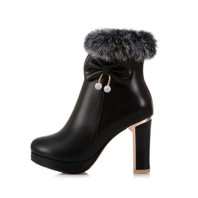 Women bowknot chunky high heel platform faux fur ankle boots