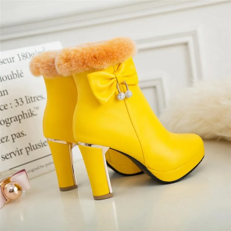 Women bowknot chunky high heel platform faux fur ankle boots