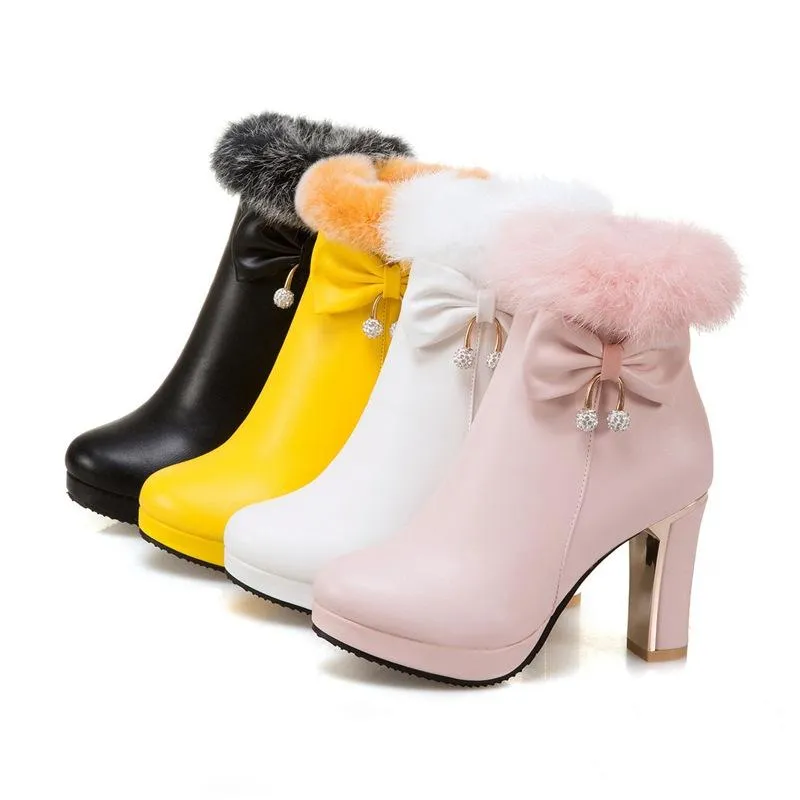 Women bowknot chunky high heel platform faux fur ankle boots