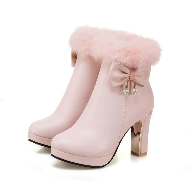 Women bowknot chunky high heel platform faux fur ankle boots