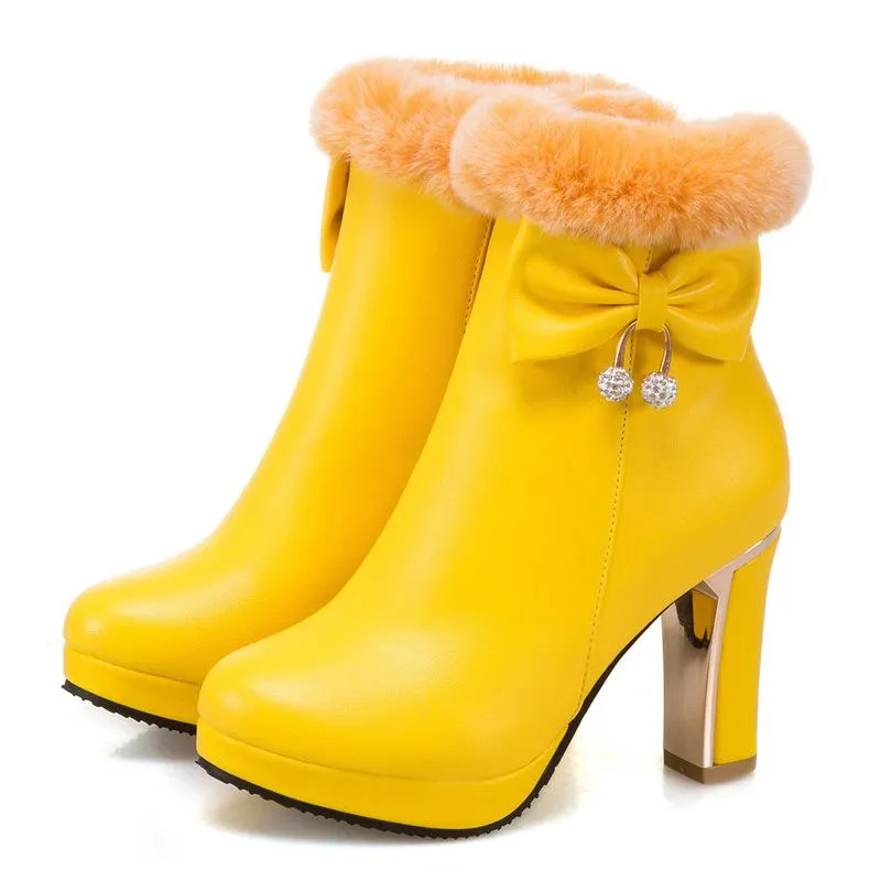 Women bowknot chunky high heel platform faux fur ankle boots