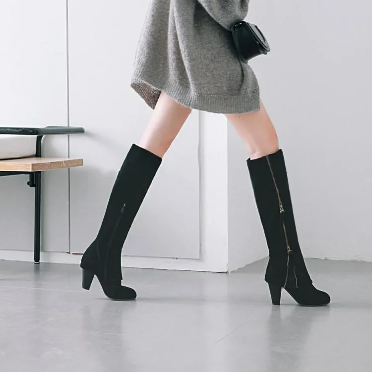 Women new fashion side zipper chunky heel knee high boots