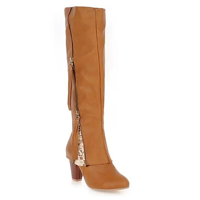 Women new fashion side zipper chunky heel knee high boots