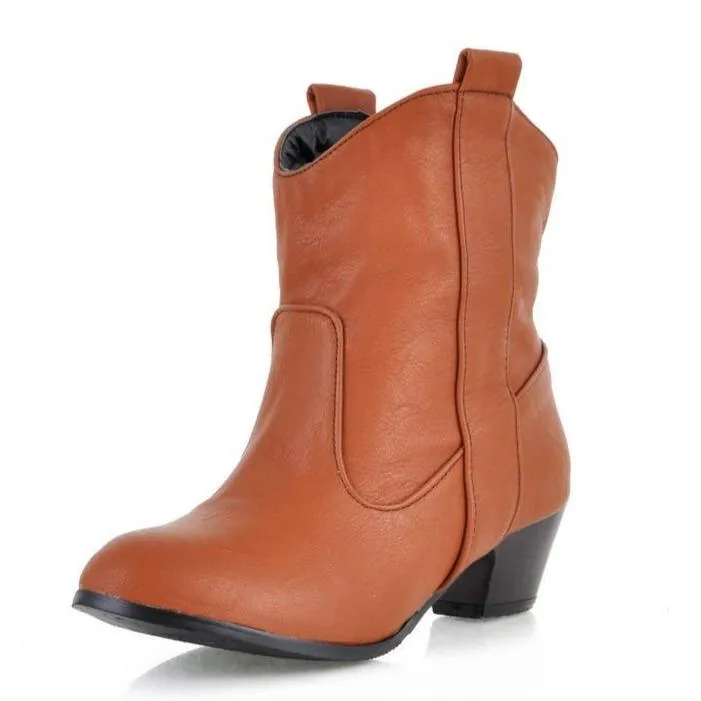 Women winter round toe short slip on chunky heel boots